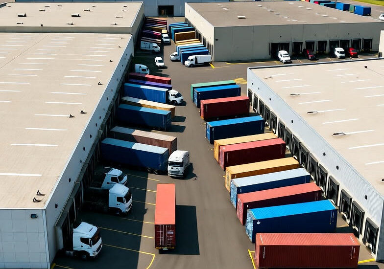 Stort containerområde med farvede shippingcontainere stablet i rækker under overskyet himmel
